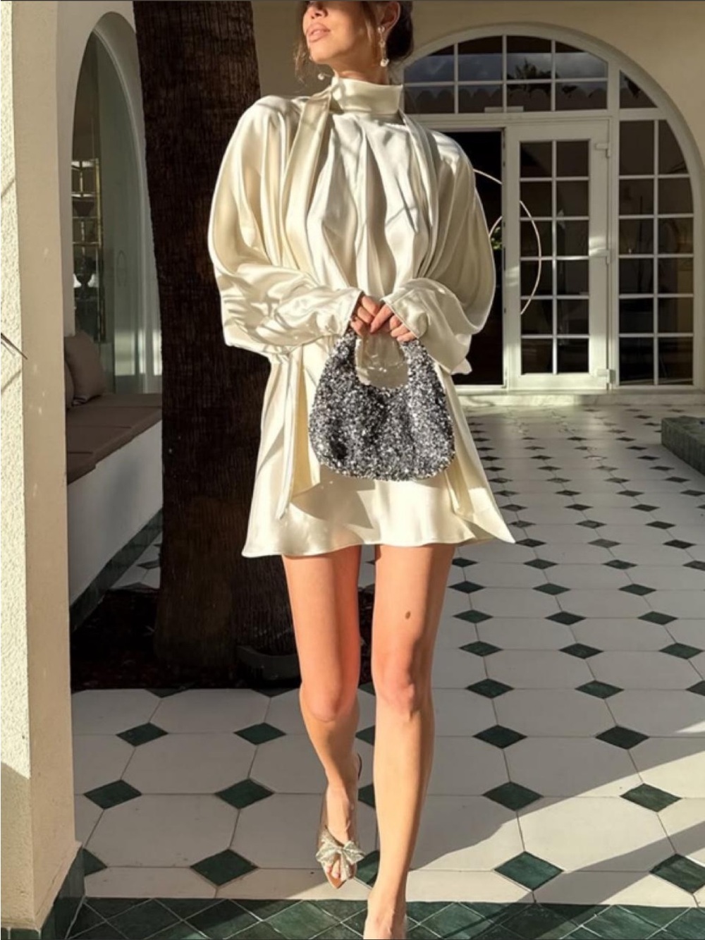 Zara Cream Satin High-Neck Mini Dress - Picture 3 of 11